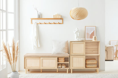 SoBuy | Schuhbank mit Sitzfläche | Dielenbank mit Schiebetüren | Natur | FSR163-N