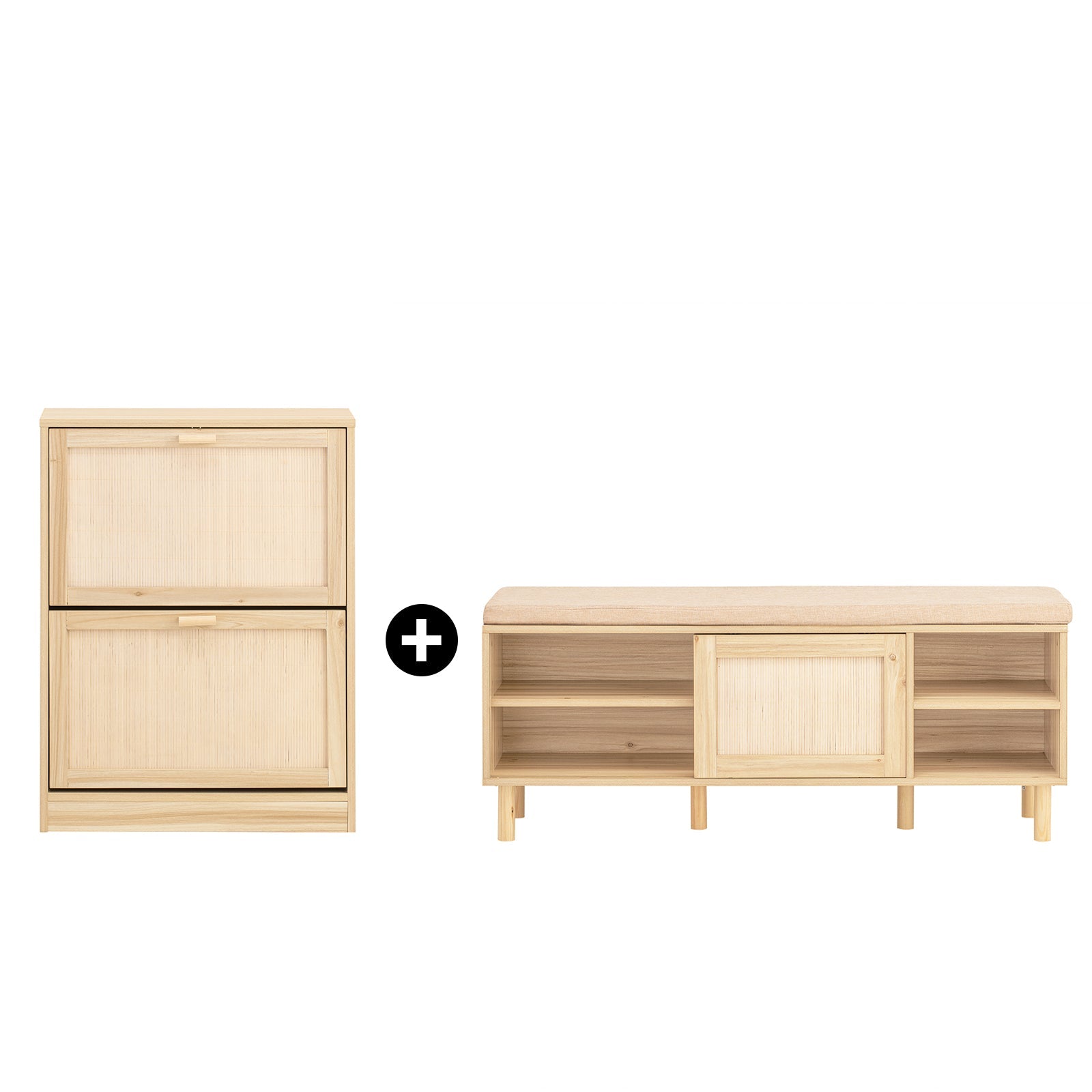 SoBuy | Set di scarpiera | Scarpiera con seduta e scarpiera con 2 ante a ribalta | Naturale | FSR163-N+FSR160-N