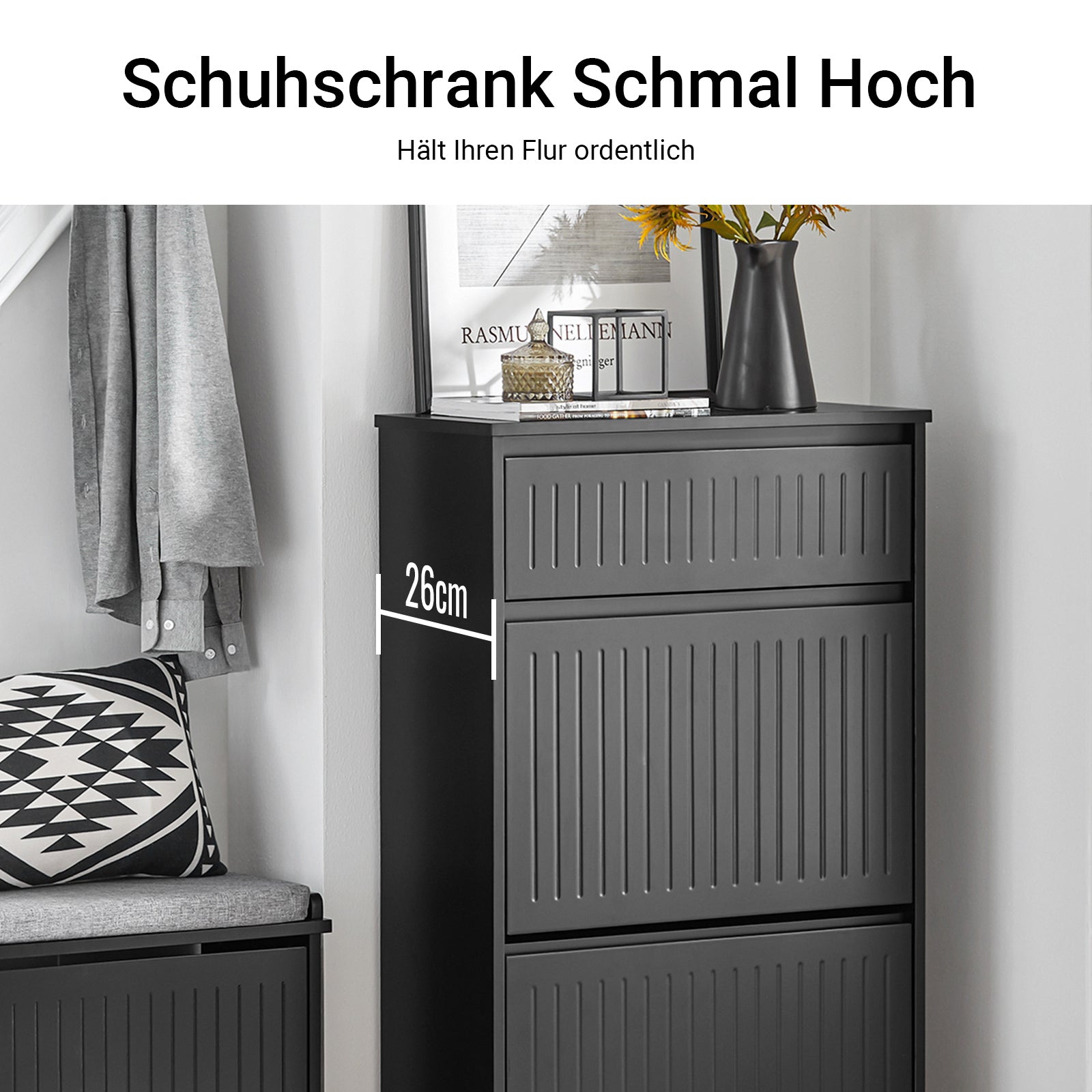 SoBuy | Meuble à chaussures avec 2 rabats et 1 tiroir | Étagère à chaussures | Noir | FSR165-SCH