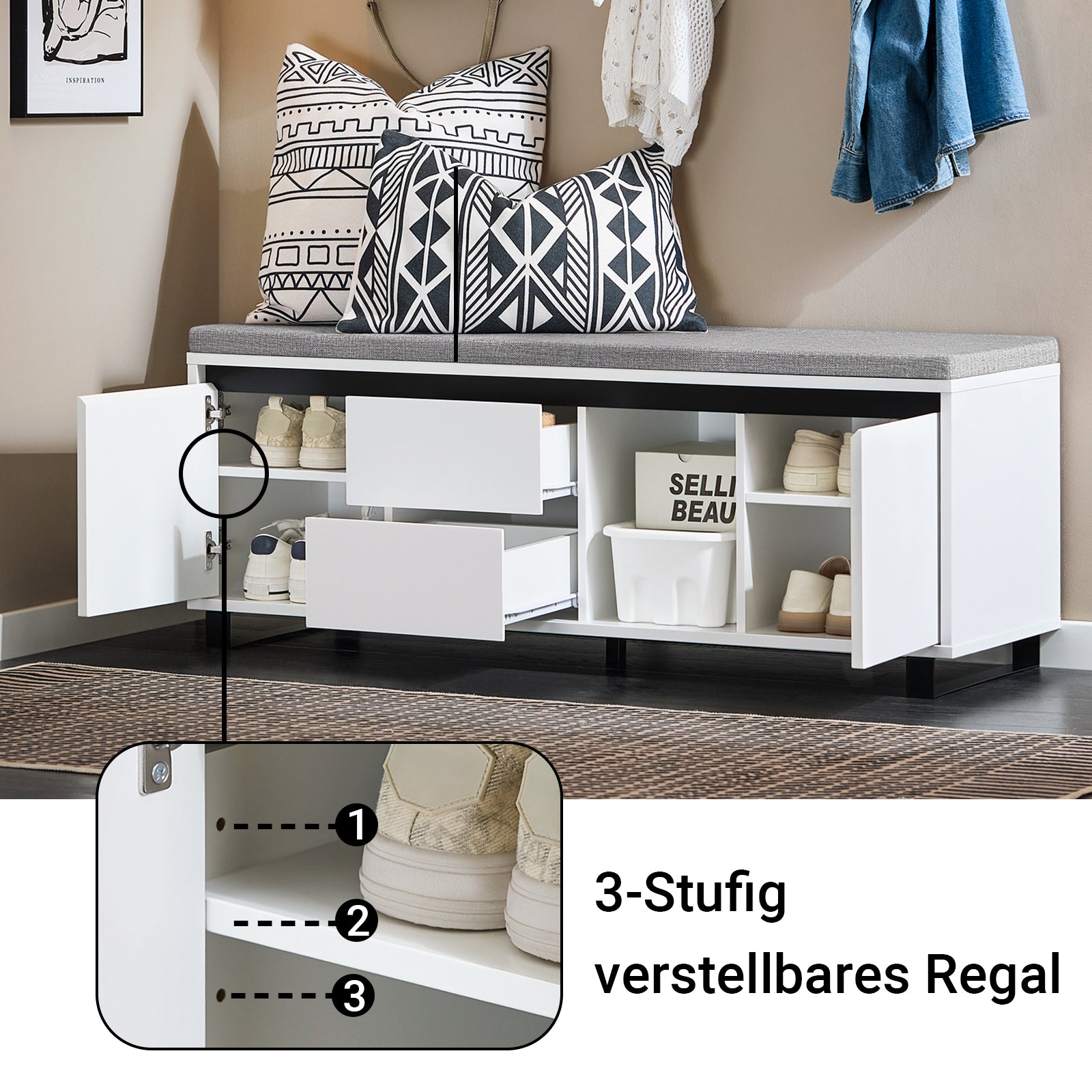 SoBuy | Banc à chaussures avec 2 tiroirs | Banc | Meuble à chaussures | Banc d'entrée | Blanc | FSR176-W 