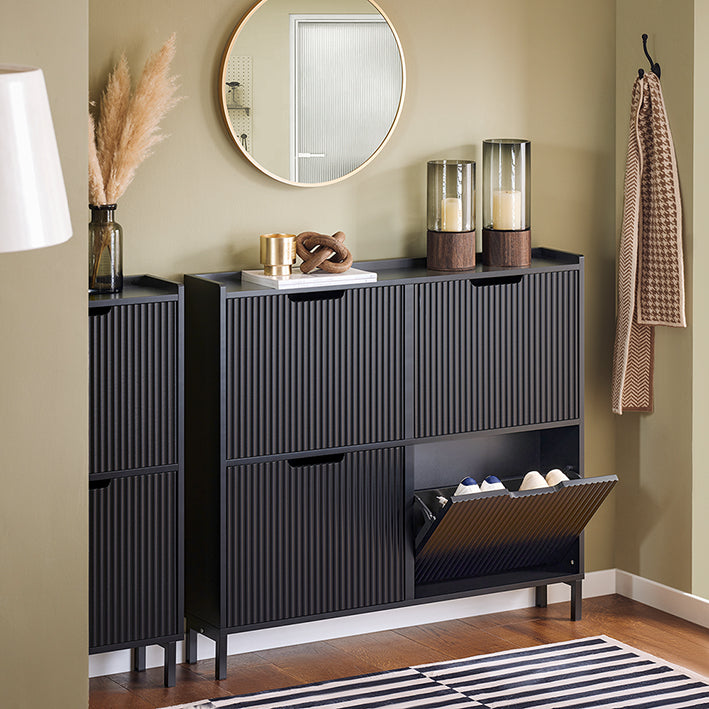 Vorverkauf | SoBuy | Schuhkipper mit 4 Klappen | Schuhschrank schmal | Schwarz | FSR177-L-SCH