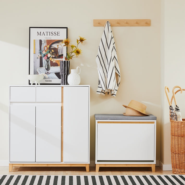 SoBuy | Scarpiera con panca | Panca contenitore con seduta bianca | FSR191-WN