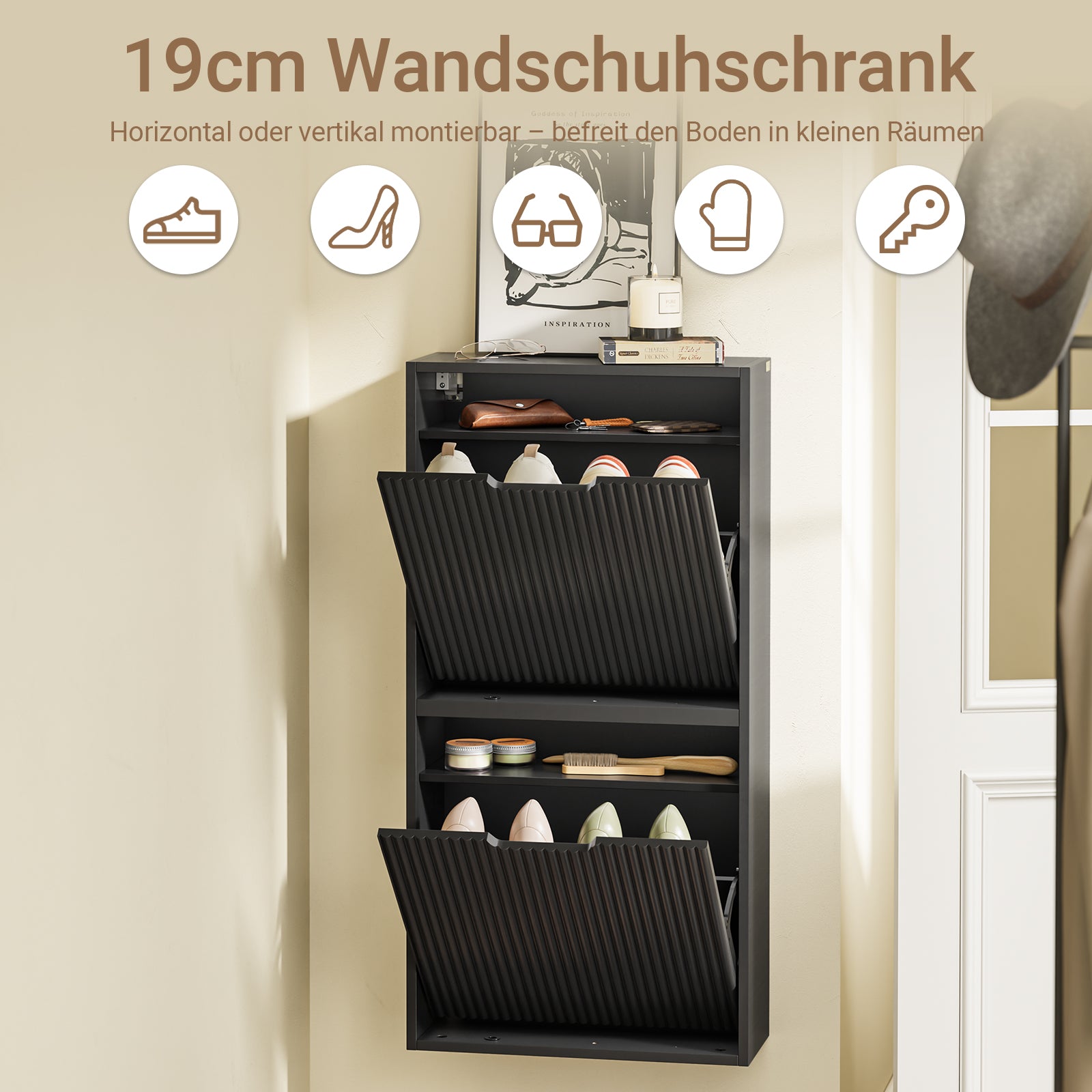 SoBuy | Schuhschrank Schmal Wandmontage | 2-Wege Montage | 19cm Tiefe | Schwarz | FSR204-SCH