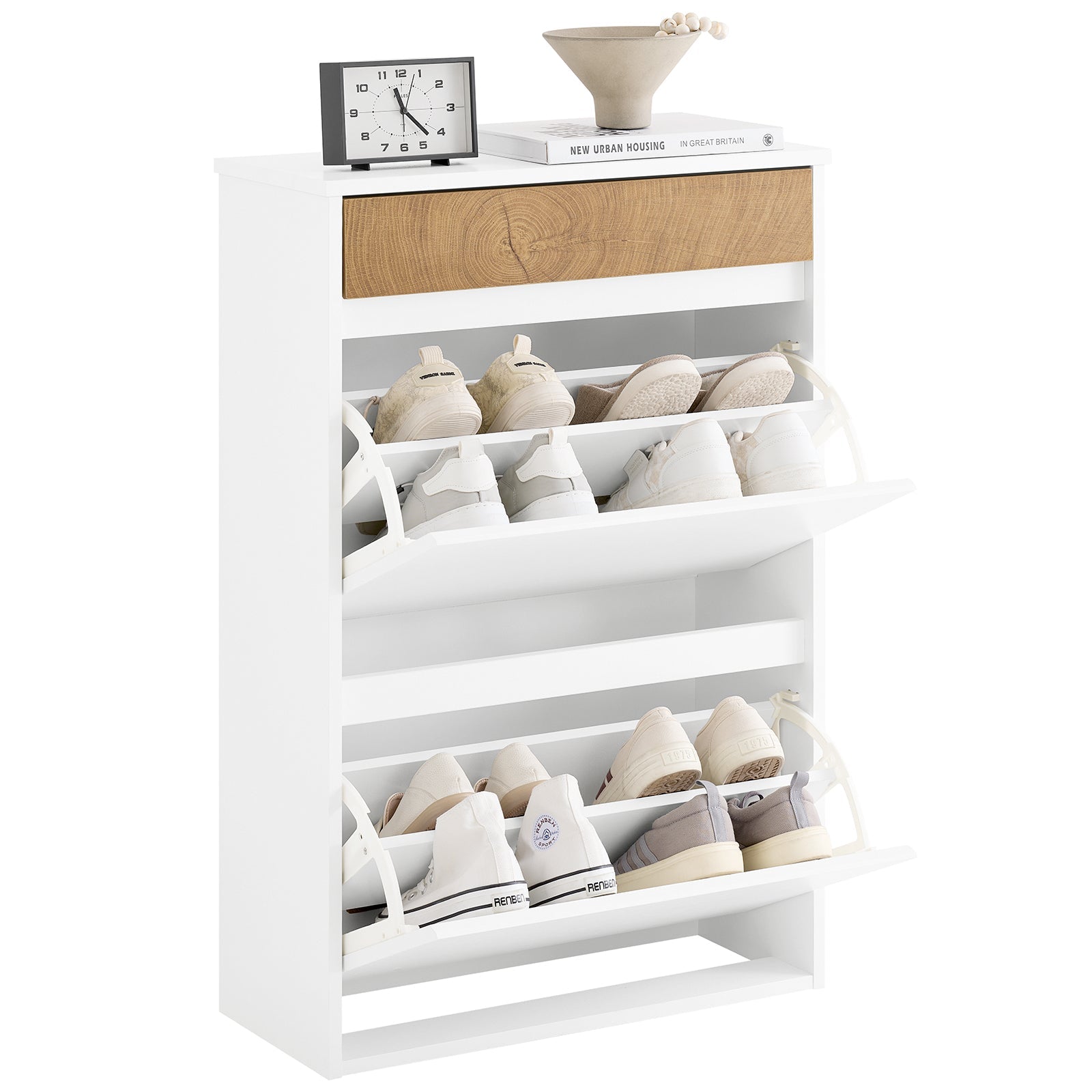 SoBuy | Meuble à chaussures avec 2 abattants et 1 tiroir | Armoire à chaussures | Étagère à chaussures | Blanc | FSR205-WN