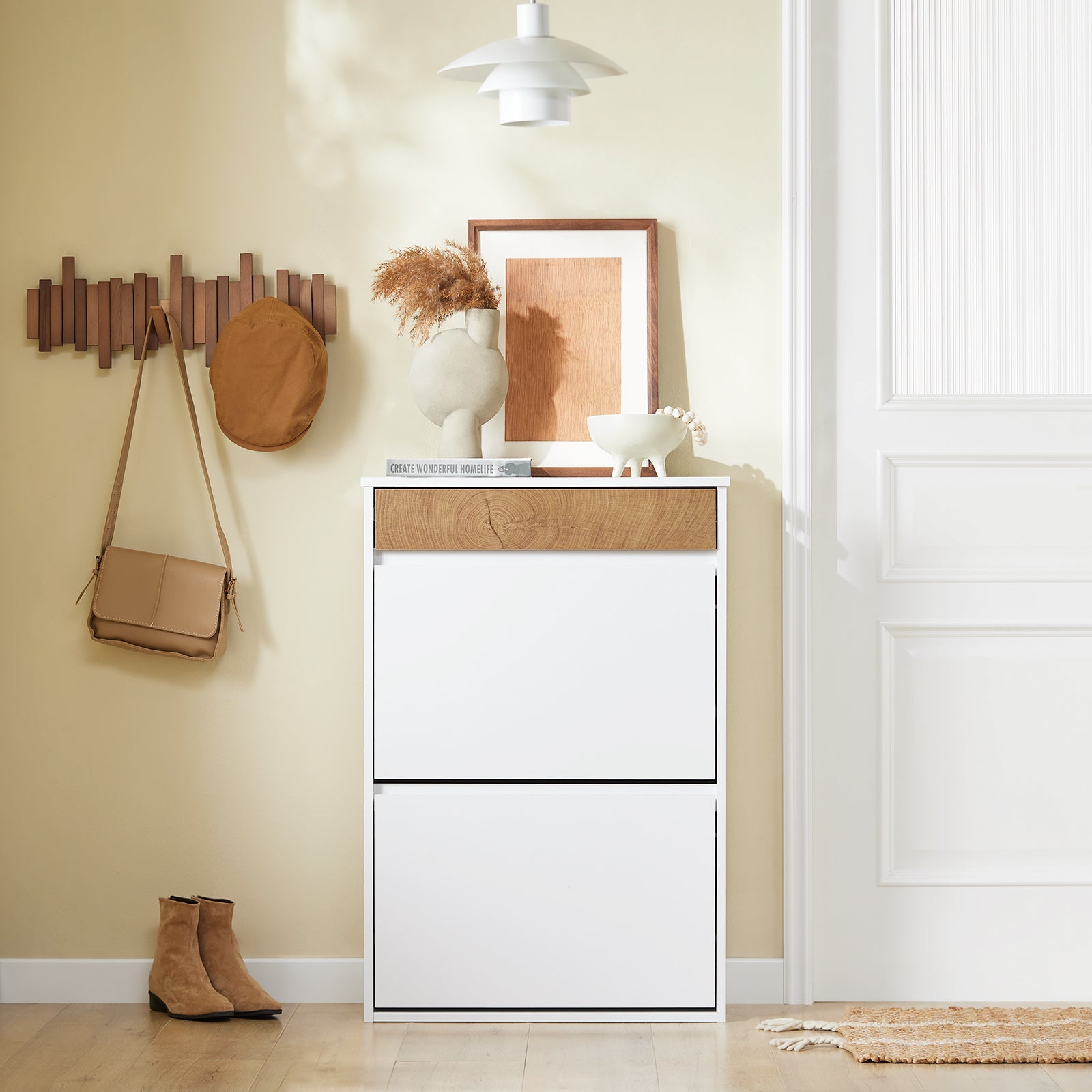 SoBuy | Meuble à chaussures avec 2 abattants et 1 tiroir | Armoire à chaussures | Étagère à chaussures | Blanc | FSR205-WN