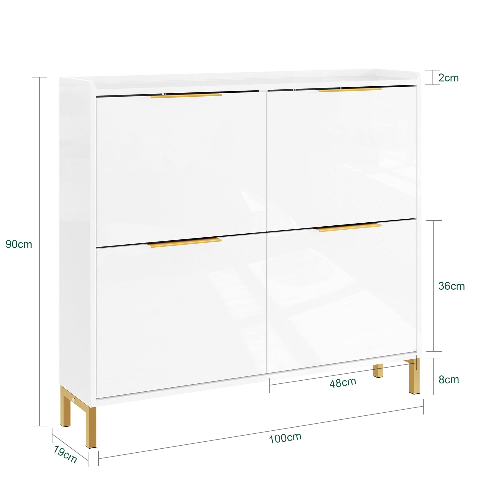 SoBuy | Meuble à chaussures étroit | Meuble à chaussures | avec 4 abattants | Blanc brillant avec poignées dorées | FSR206-GW