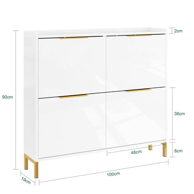 SoBuy | Scarpiera a Scomparsa Salvaspazio | Armadio Porta Scarpe | con 4 Ante a Ribalta | Bianco Lucido con Maniglie Dorate | FSR206-GW
