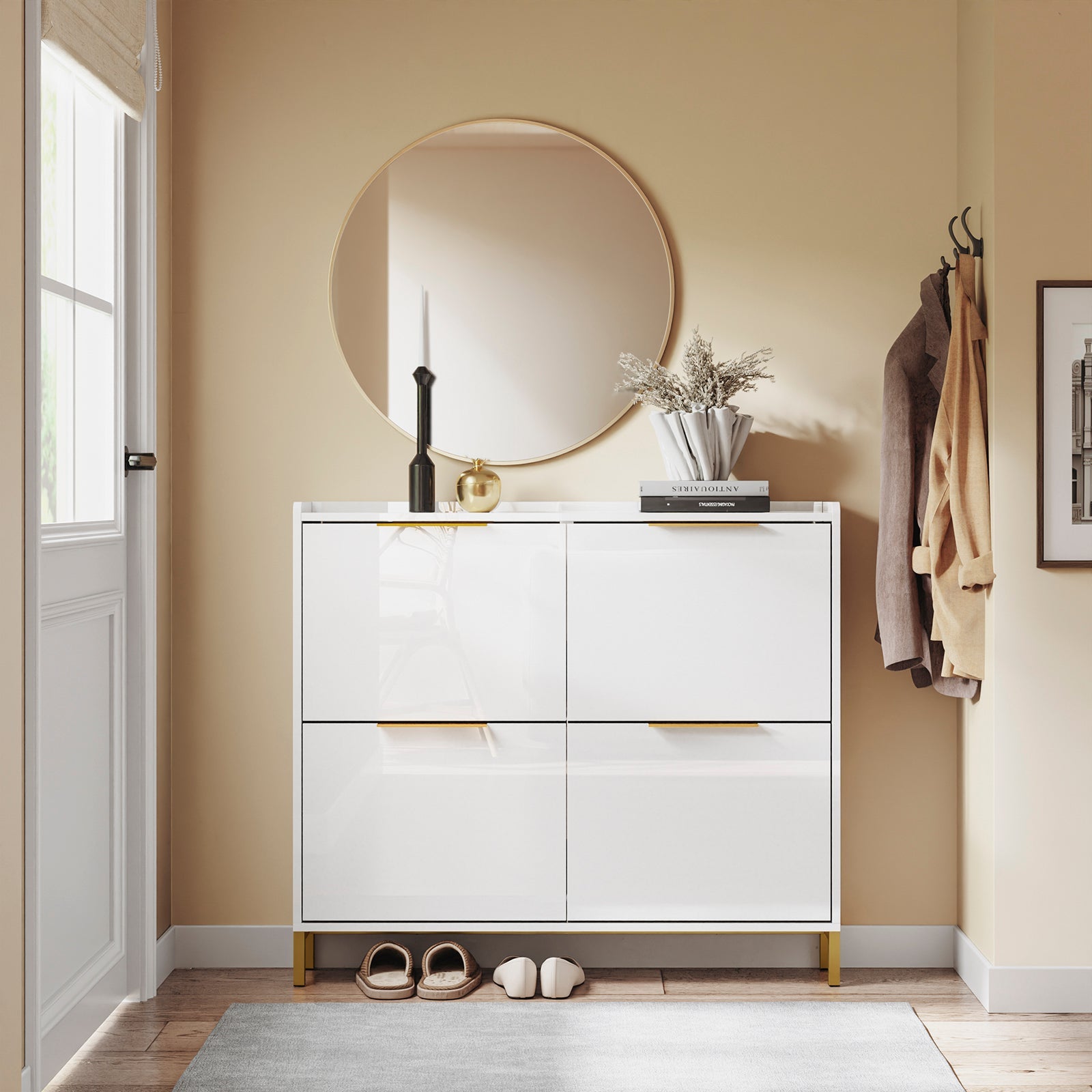 SoBuy | Meuble à chaussures étroit | Meuble à chaussures | avec 4 abattants | Blanc brillant avec poignées dorées | FSR206-GW
