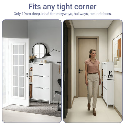 SoBuy | Meuble à chaussures | Meuble de rangement à chaussures étroit blanc | 3 portes | FSR209-WN 