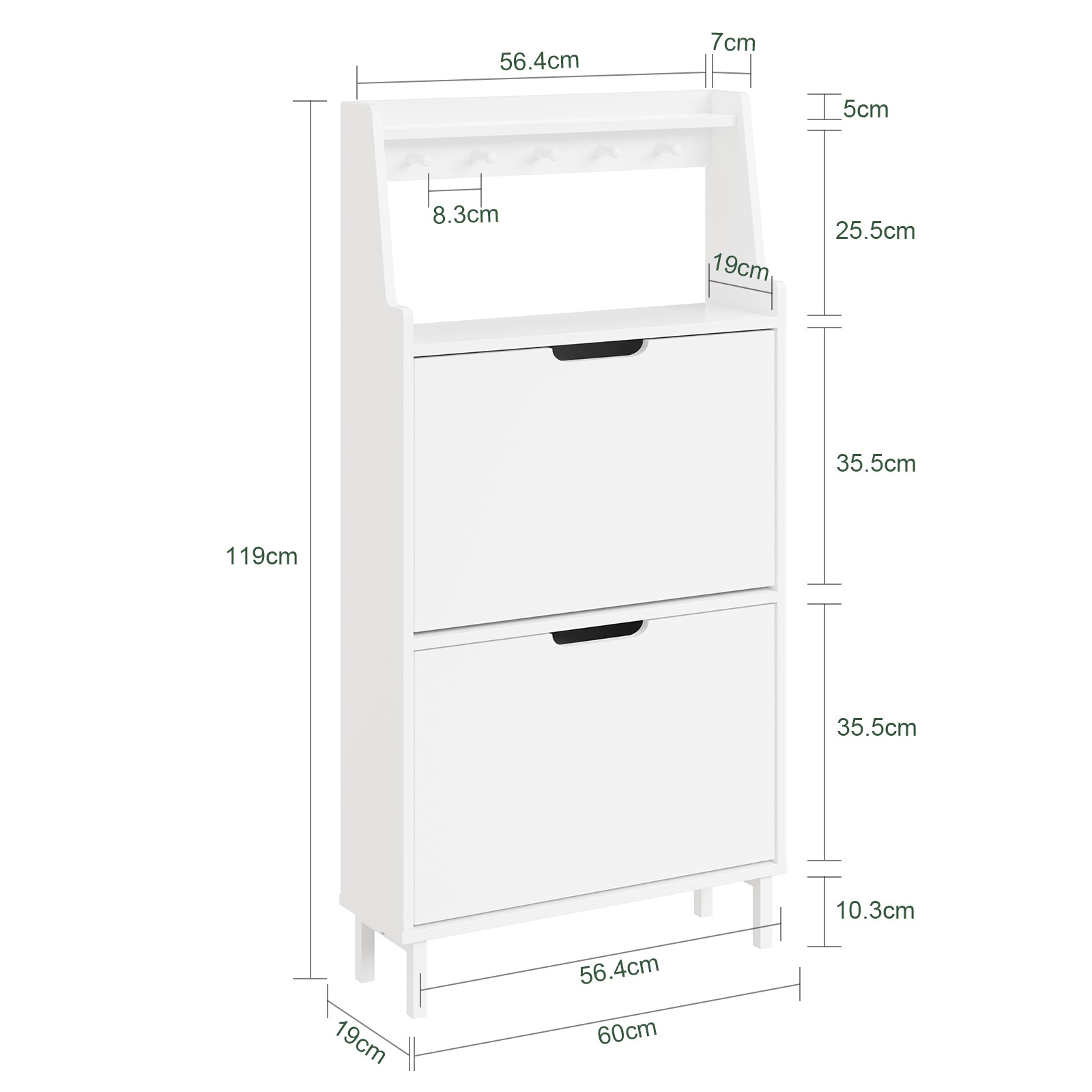 SoBuy Schuhschrank Weiß 2 Türen mit Haken und offener Oberseite 60x19x119 cm FSR221-W