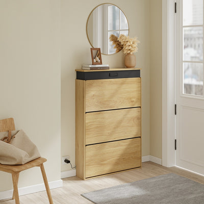 SoBuy | Schuhschrank schmal hoch mit 3 Klappen Natur | FSR226-E-N