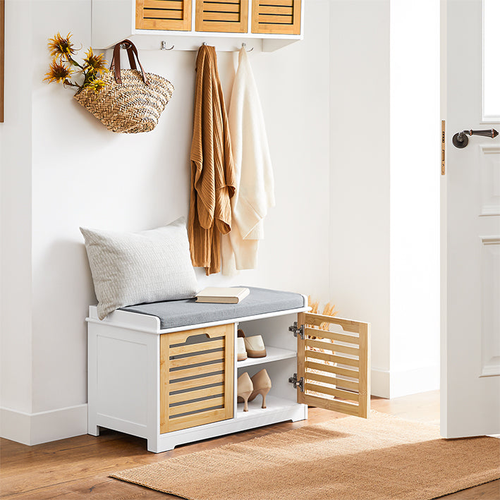 SoBuy | Scarpiera con sedile | Panca contenitore con 2 ante | Cassapanca portadocumenti | Bianco-Naturale | FSR23-II-WN