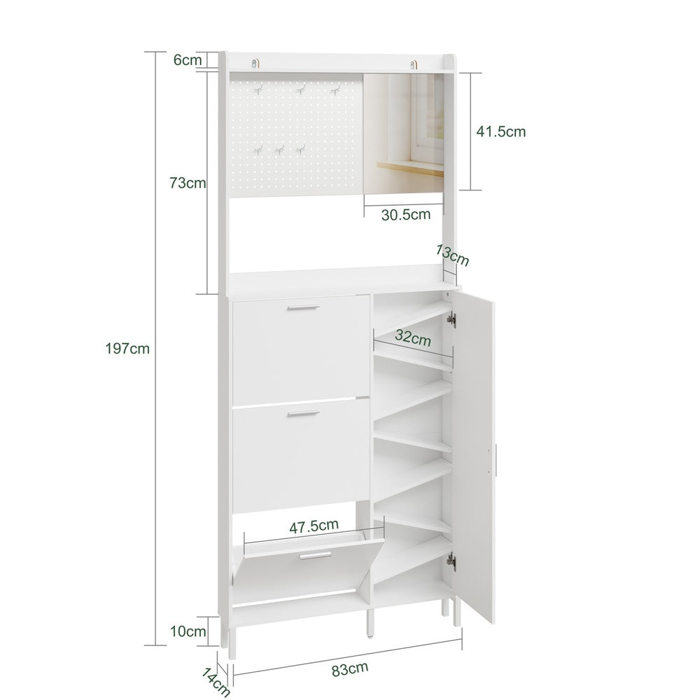 SoBuy | Schuhschrank schmal hoch Weiß mit Spiegel und 6 Haken | FSR233-W