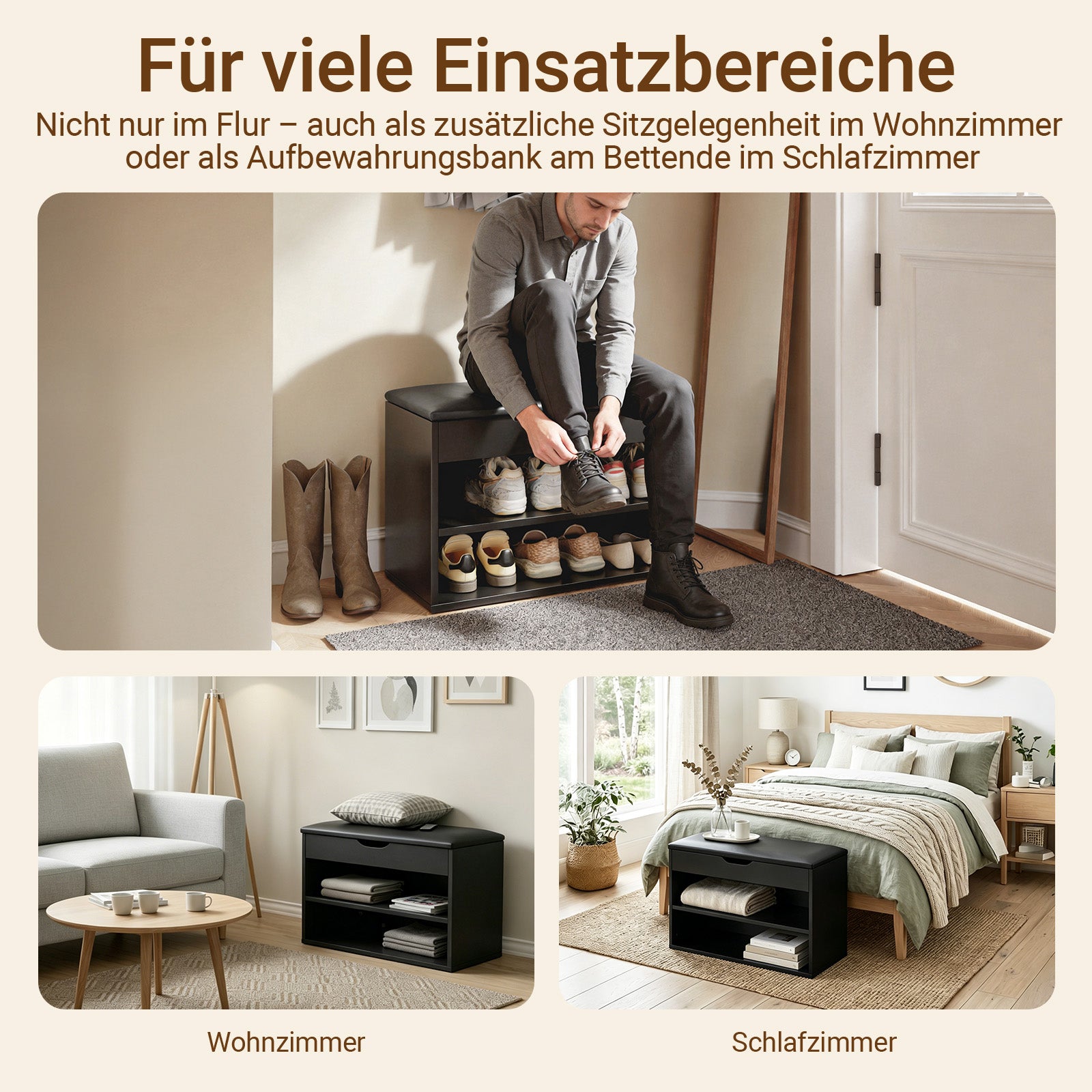 SoBuy | Schuhbank mit Sitzfläche | Schuhregal 3-in-1 | Schwarz | FSR25-SCH