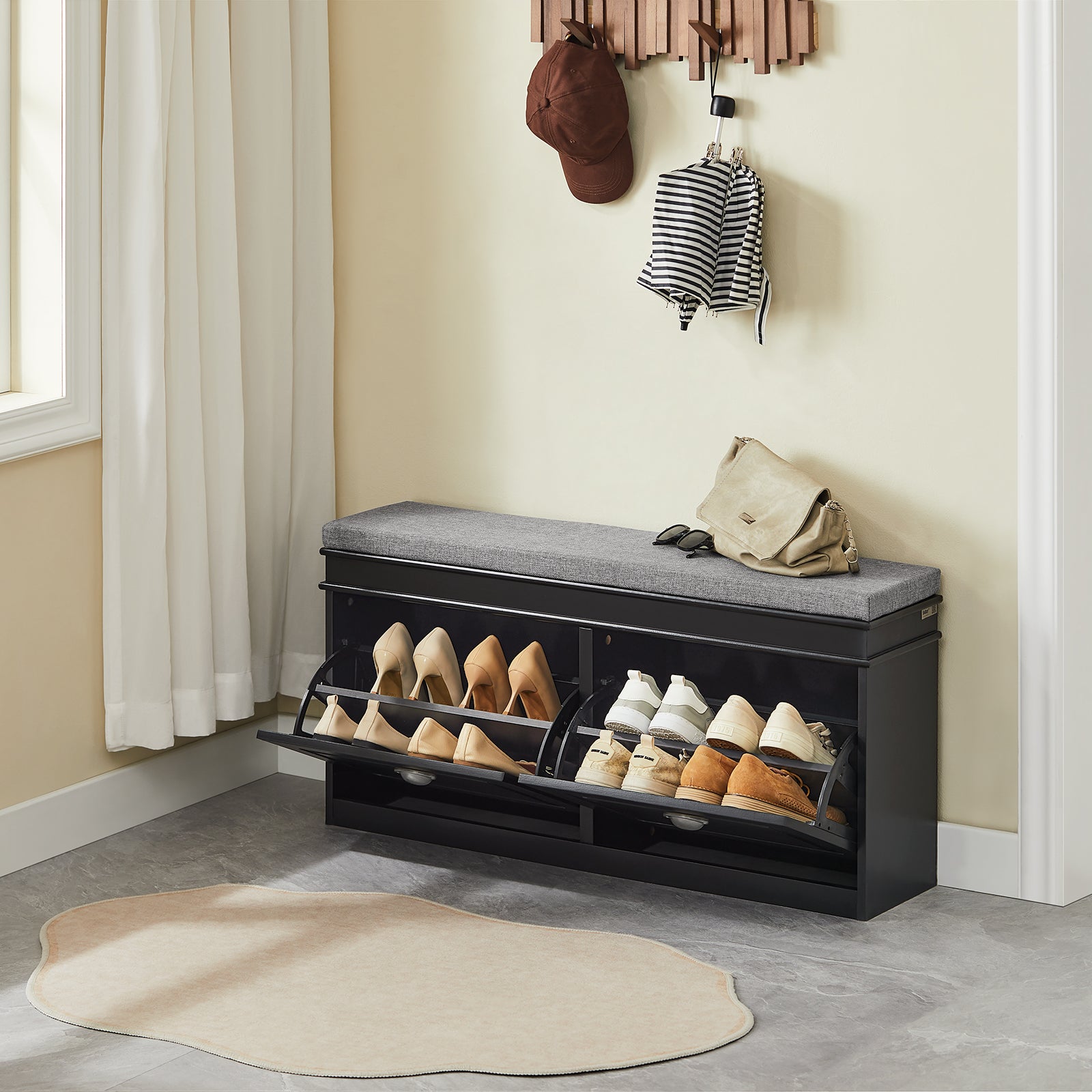 SoBuy | Meuble à chaussures | Banc à chaussures avec compartiment intégré | Style campagnard noir | FSR64-SCH 