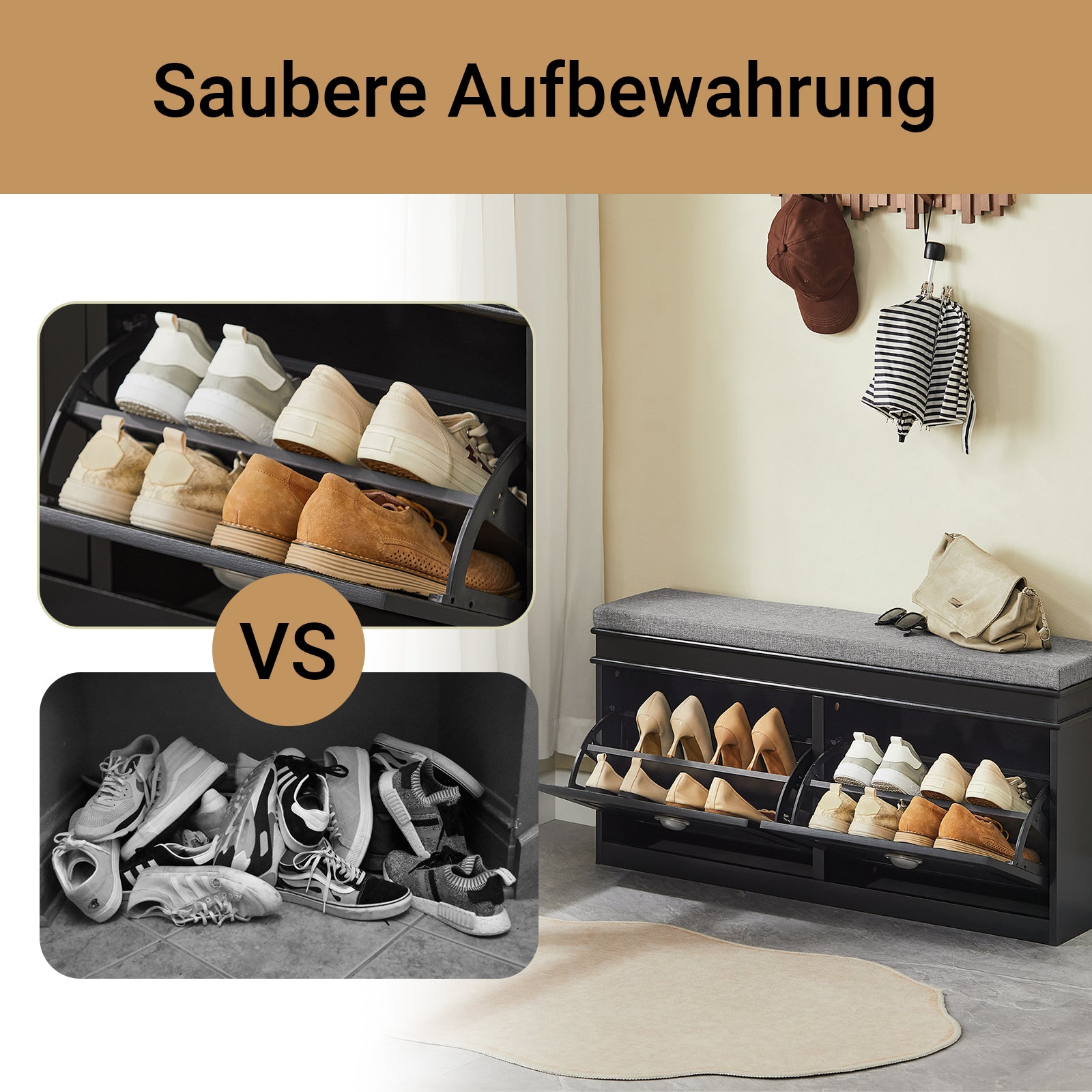 SoBuy | Meuble à chaussures | Banc à chaussures avec compartiment intégré | Style campagnard noir | FSR64-SCH 