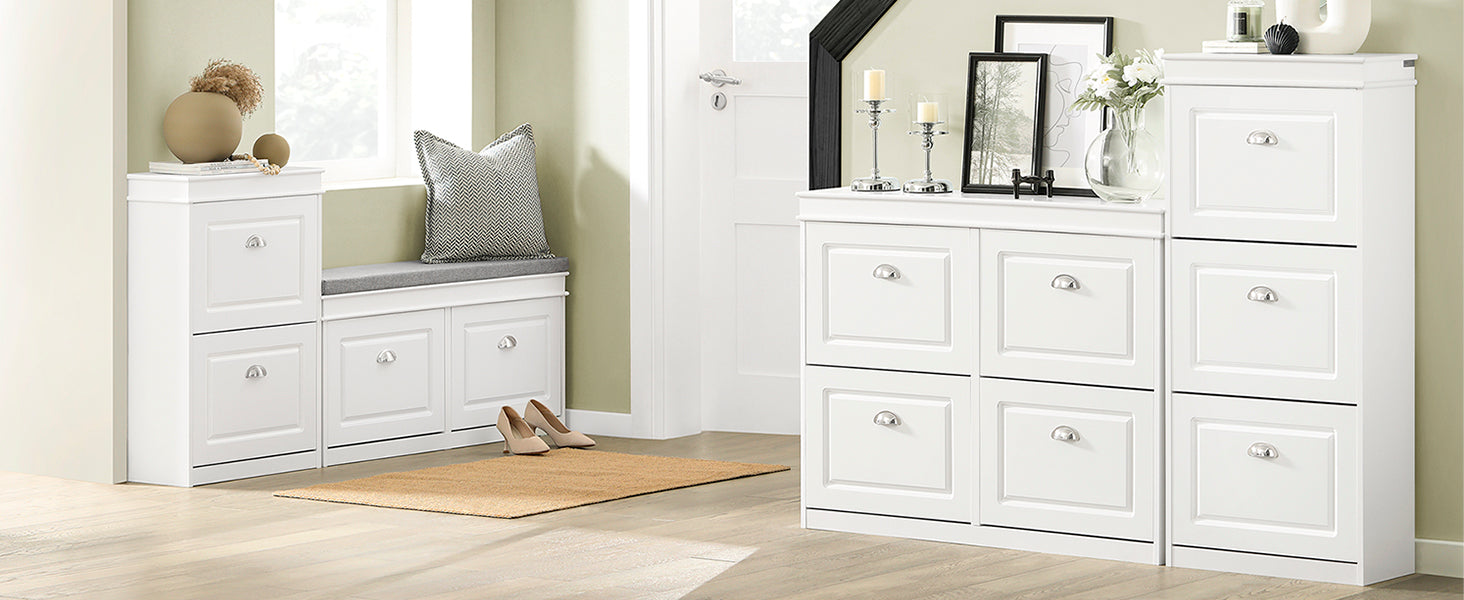 SoBuy | Schuhkipper-Set Weiß | Schuhbank und Schuhschrank | Schmal 24cm | mit Klappen | FSR64-W+FSR79-W