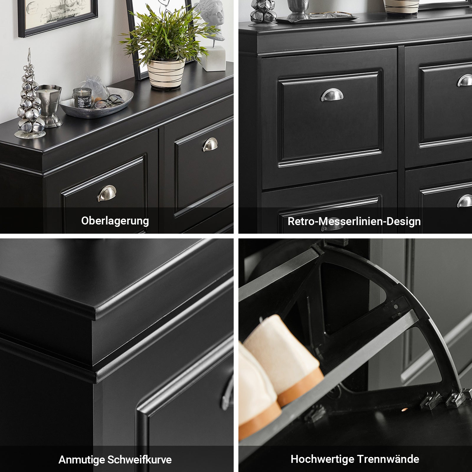 SoBuy | Meuble à chaussures | Rangement à chaussures à 4 portes | Coffre à chaussures noir | FSR79-SCH