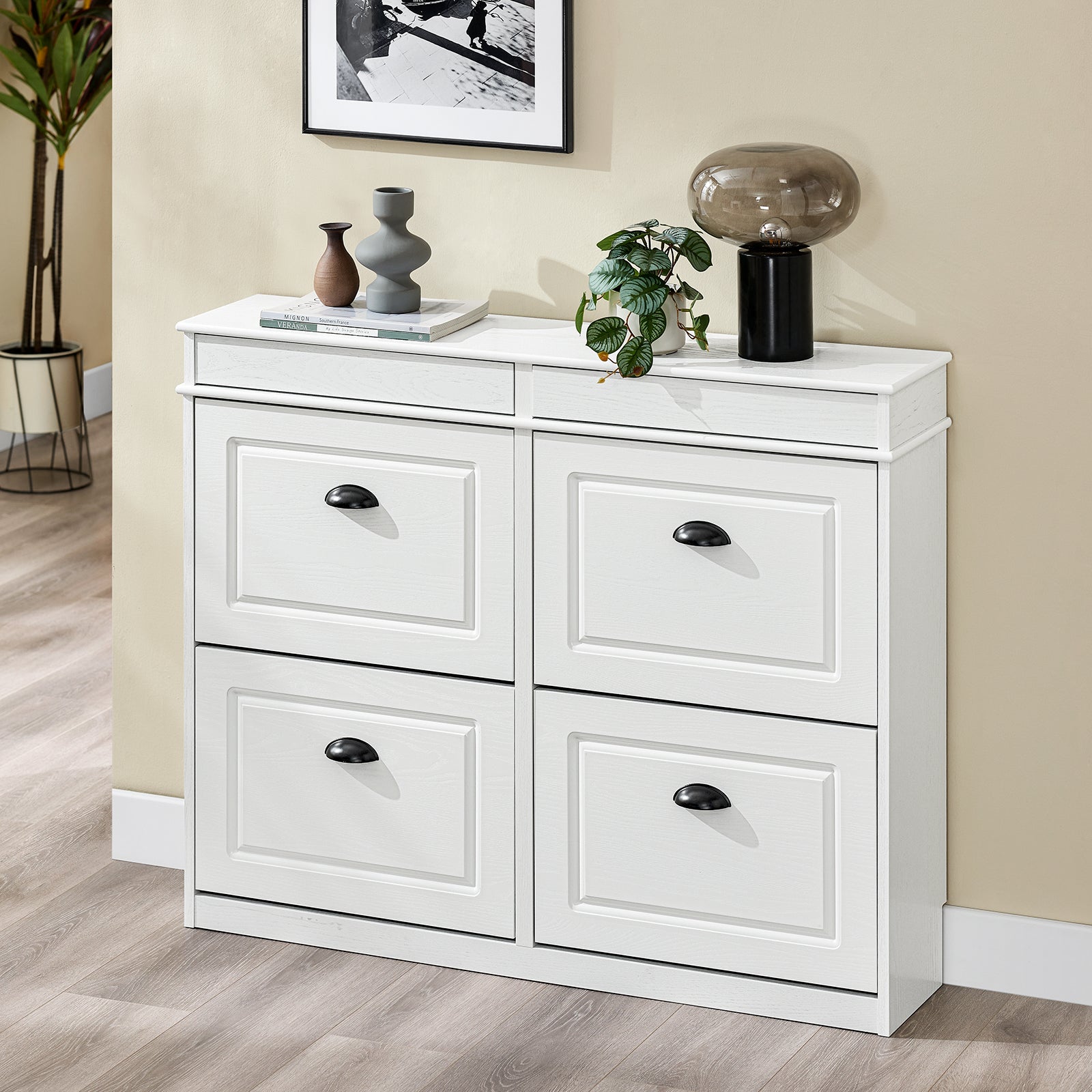 SoBuy | Meuble à chaussures | Meuble à chaussures à 4 portes | Coffre à chaussures blanc vintage | FSR79-WG 