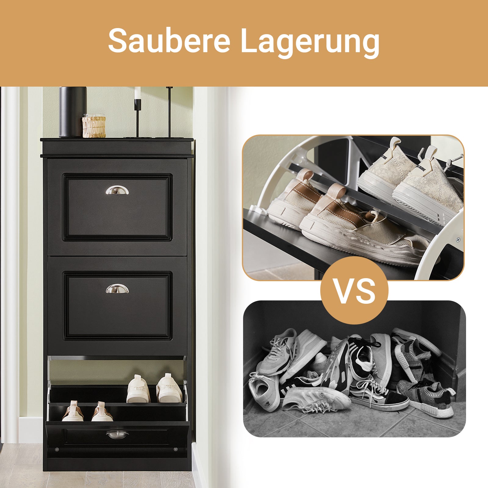 SoBuy | Meuble à chaussures | Armoire à chaussures avec 3 abattants | Commode à chaussures noire | FSR94-SCH