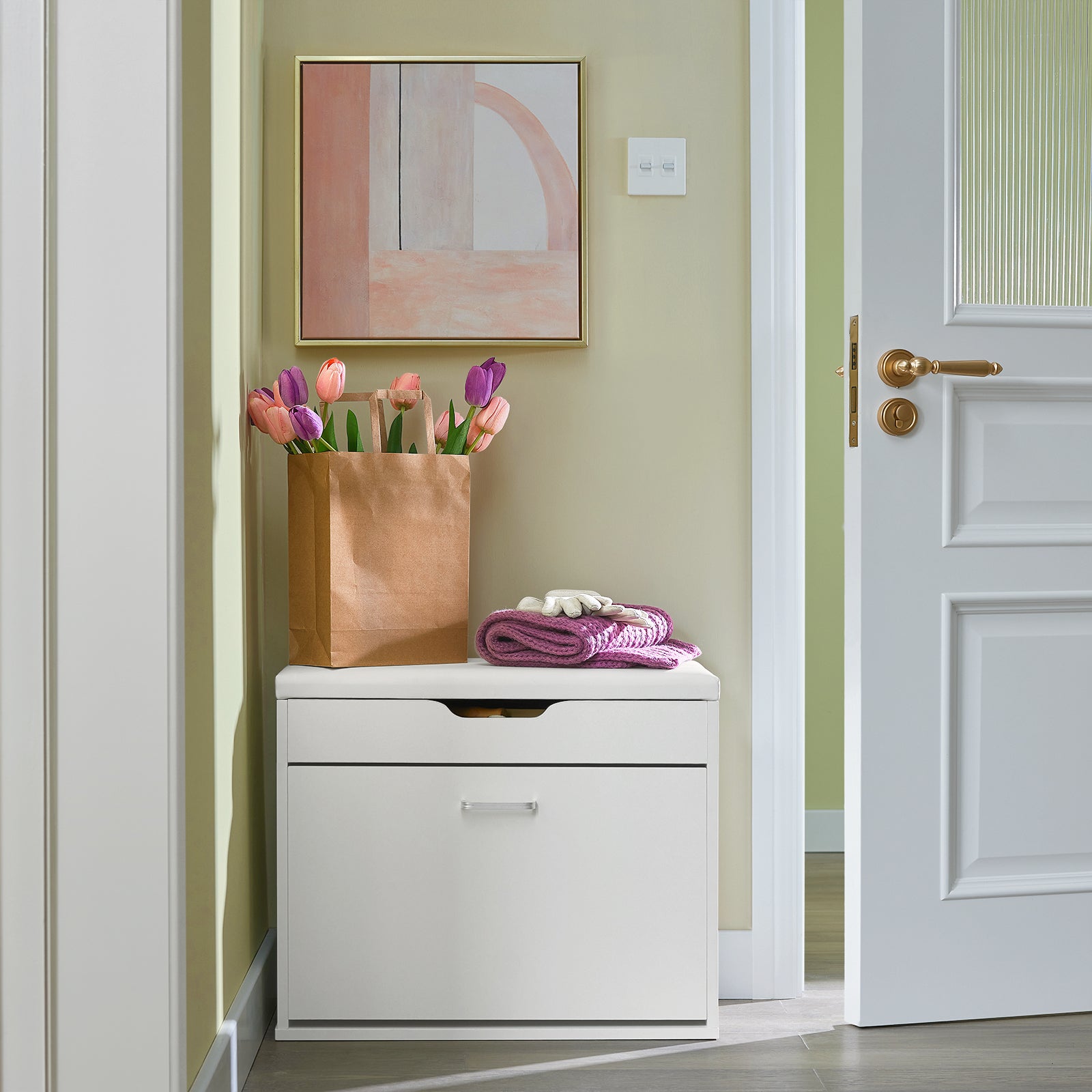 SoBuy | Schuhbank mit Sitzkissen | Sitzbank | Weiß | 60x50x30cm | FSR95-W