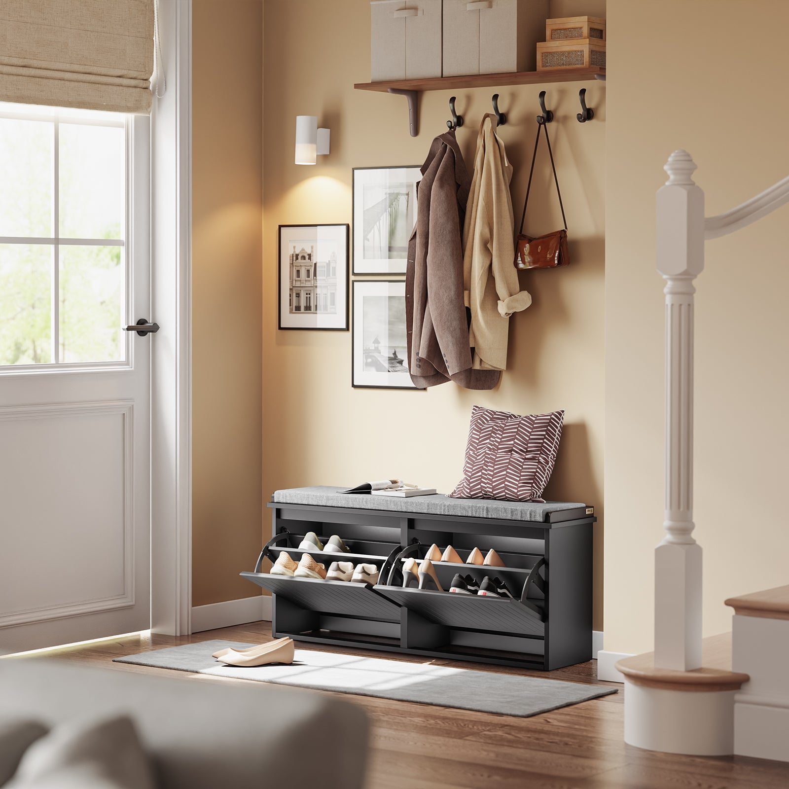 SoBuy | Meuble à chaussures | Rangement à chaussures à 2 portes | Banc à chaussures avec coussin d'assise | Noir | FSR98-XL-SCH 