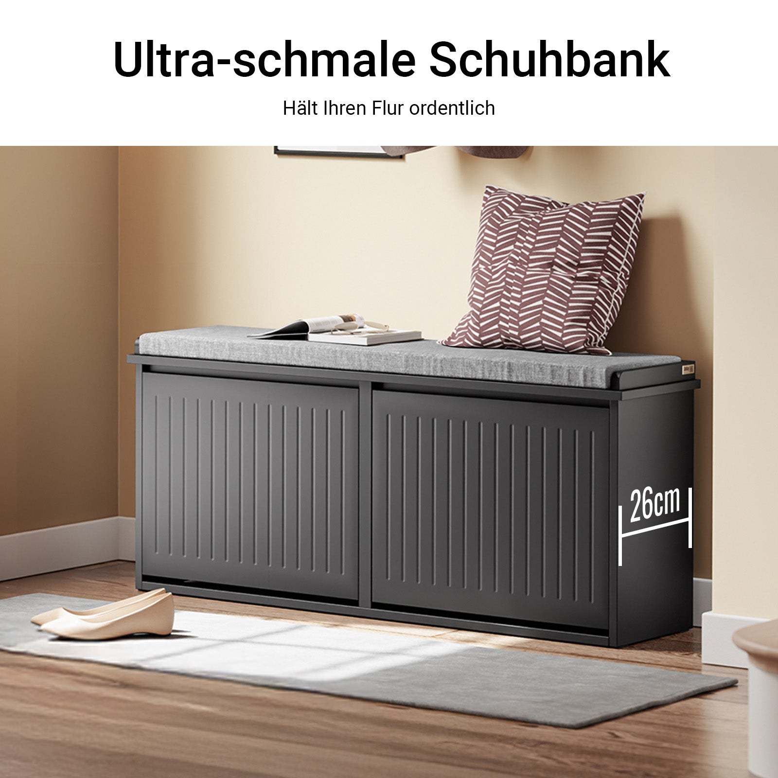 SoBuy | Meuble à chaussures | Armoire à chaussures avec 2 abattants | Banc à chaussures avec coussin | Noir | FSR98-XL-SCH
