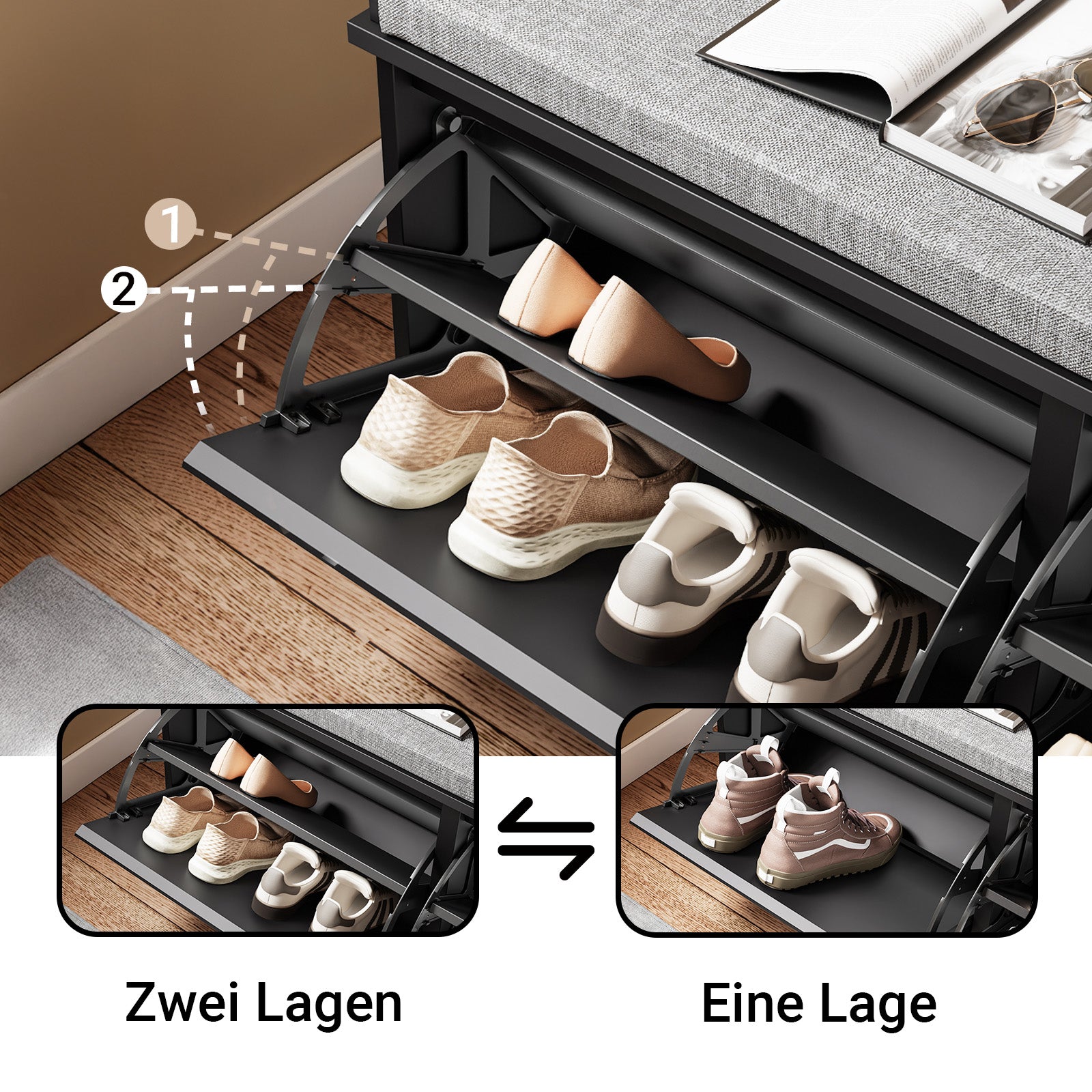 SoBuy | Meuble à chaussures | Rangement à chaussures à 2 portes | Banc à chaussures avec coussin d'assise | Noir | FSR98-XL-SCH 