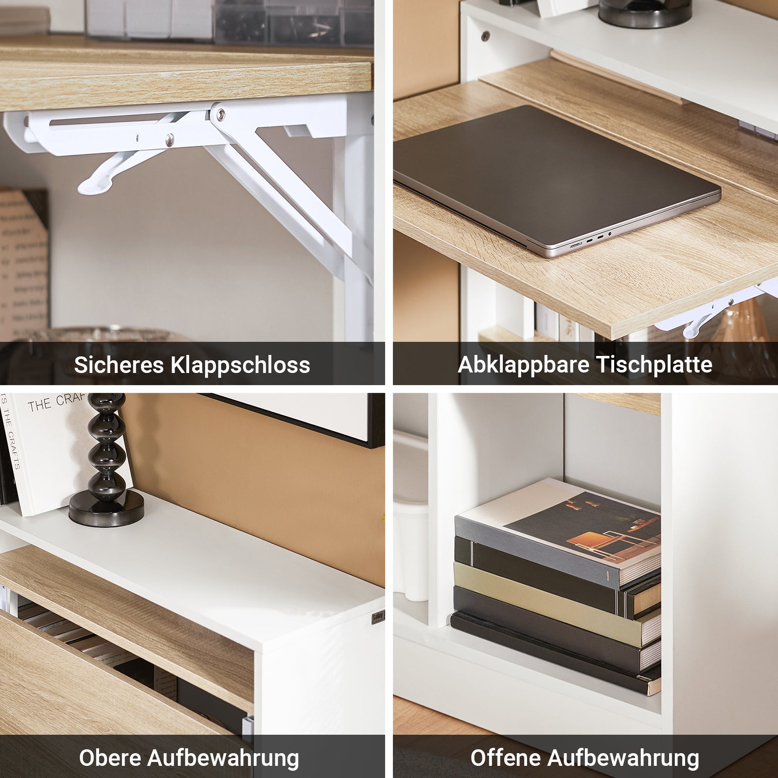 SoBuy | Klapptisch mit angebautem Schrank | Schreibtisch klappbar | Weiß/Natur | FWT104-WN