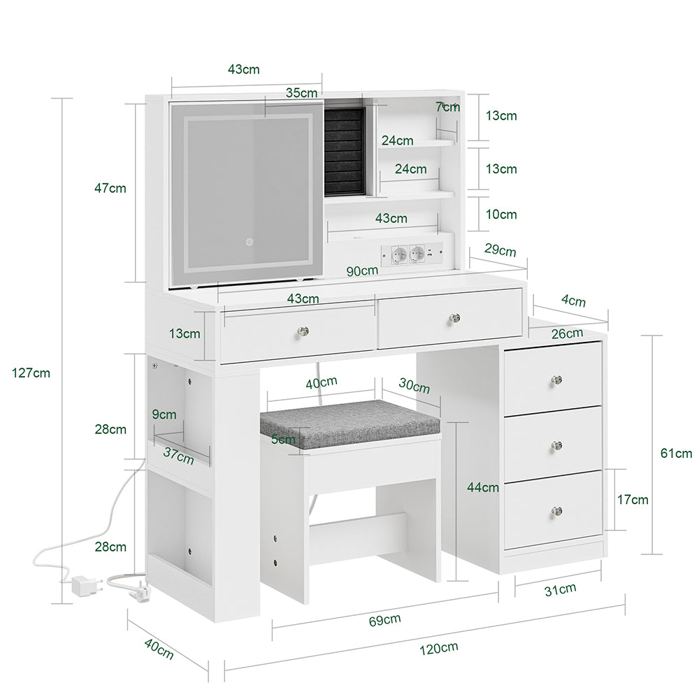 SoBuy Coiffeuse avec éclairage LED, station de charge et tabouret FWT114-E-W