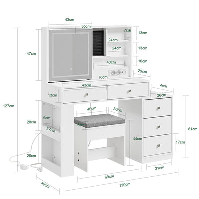 SoBuy Coiffeuse avec éclairage LED, station de charge et tabouret FWT114-E-W