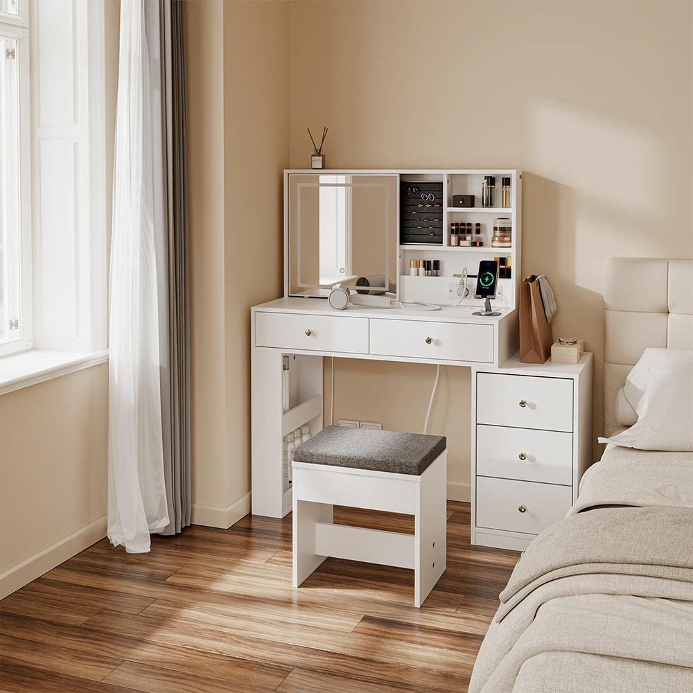 SoBuy Schminktisch mit LED-Beleuchtung, Ladestation und Hocker FWT114-E-W