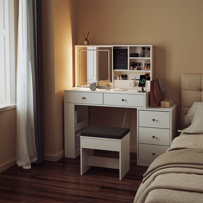 SoBuy Coiffeuse avec éclairage LED, station de charge et tabouret FWT114-E-W
