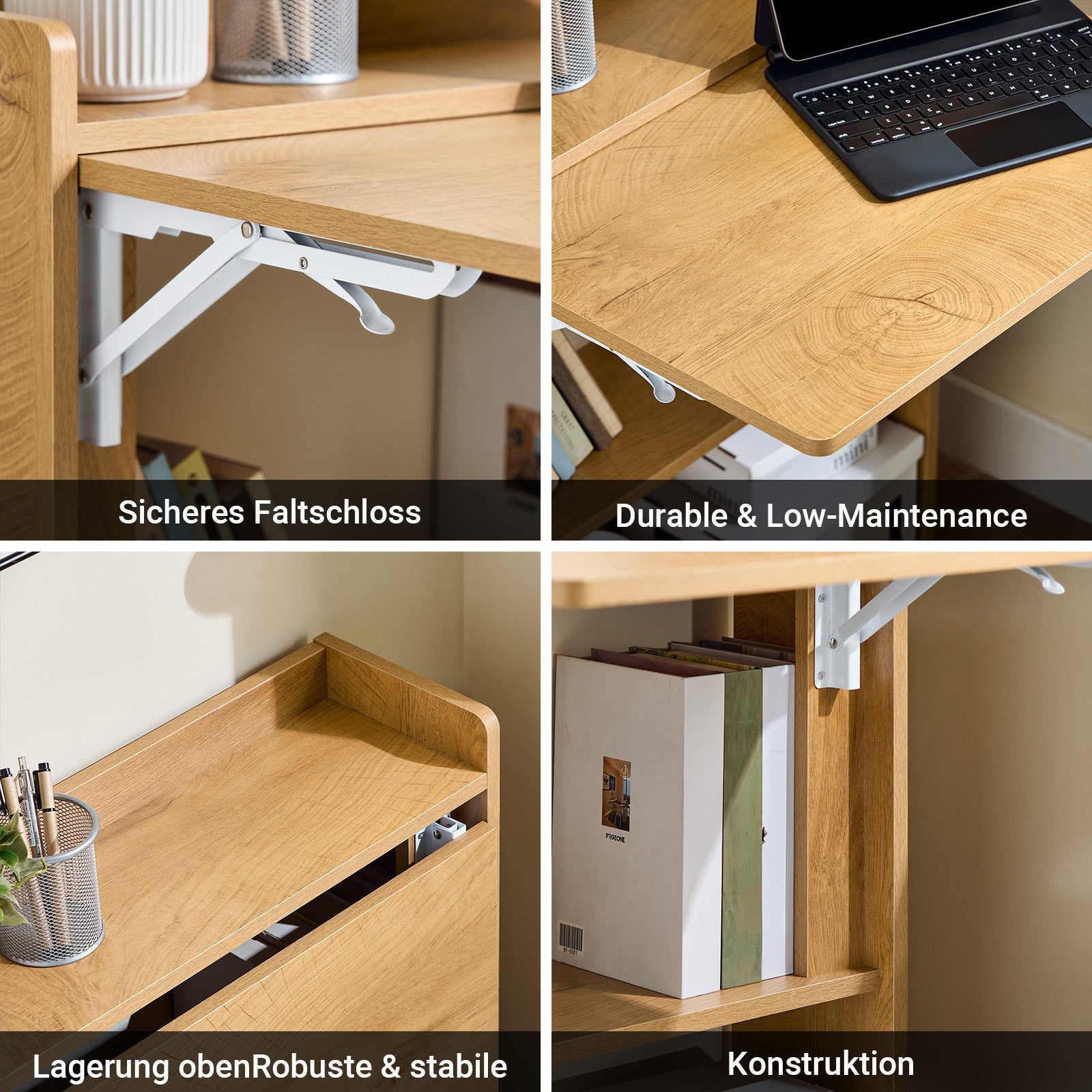 SoBuy | Table murale rabattable avec 3 étagères de rangement | Bureau mural rabattable | Table d'ordinateur | Table de travail | Naturel | FWT92-N