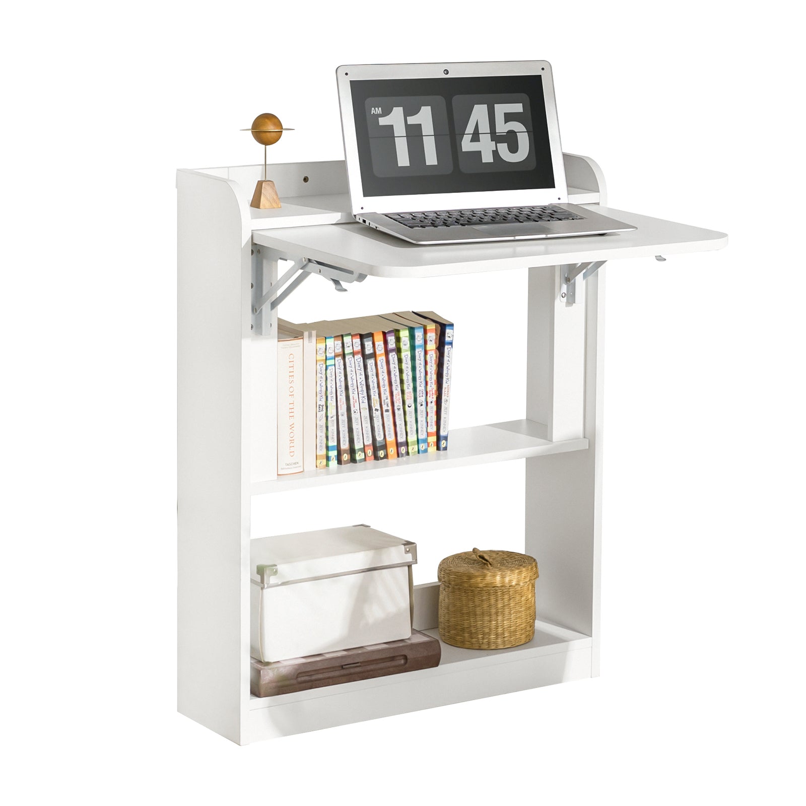 SoBuy | Klapptisch mit 3 Ablagen | Schreibtisch klappbar | Computertisch | Arbeitstisch | Weiß | FWT92-W