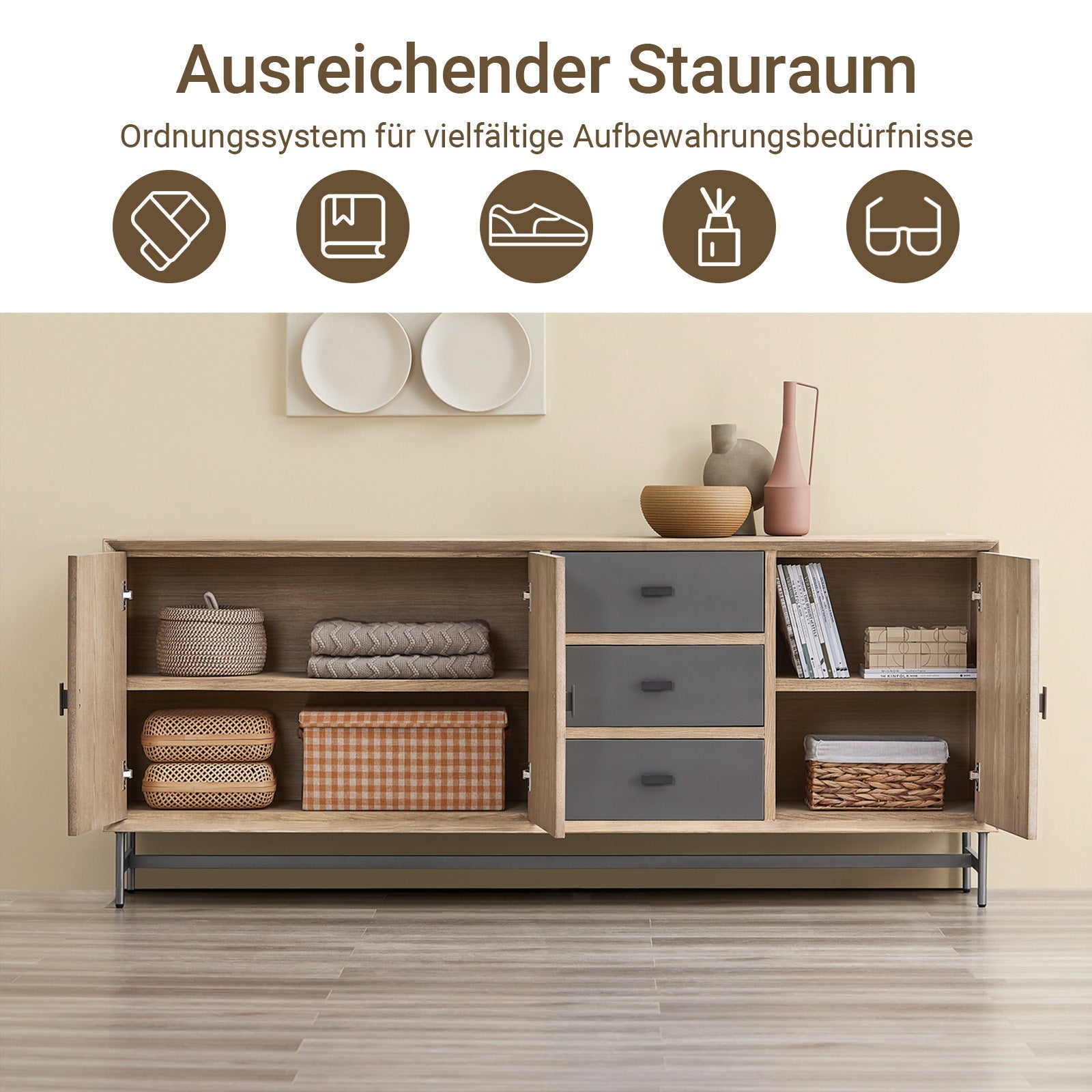 SoBuy | Buffet Commode Meuble de cuisine | 3 tiroirs et 3 portes | pré-assemblé et stable | Bois d'hévéa | HFSB05-N