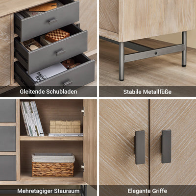 SoBuy | Buffet Commode Meuble de cuisine | 3 tiroirs et 3 portes | pré-assemblé et stable | Bois d'hévéa | HFSB05-N
