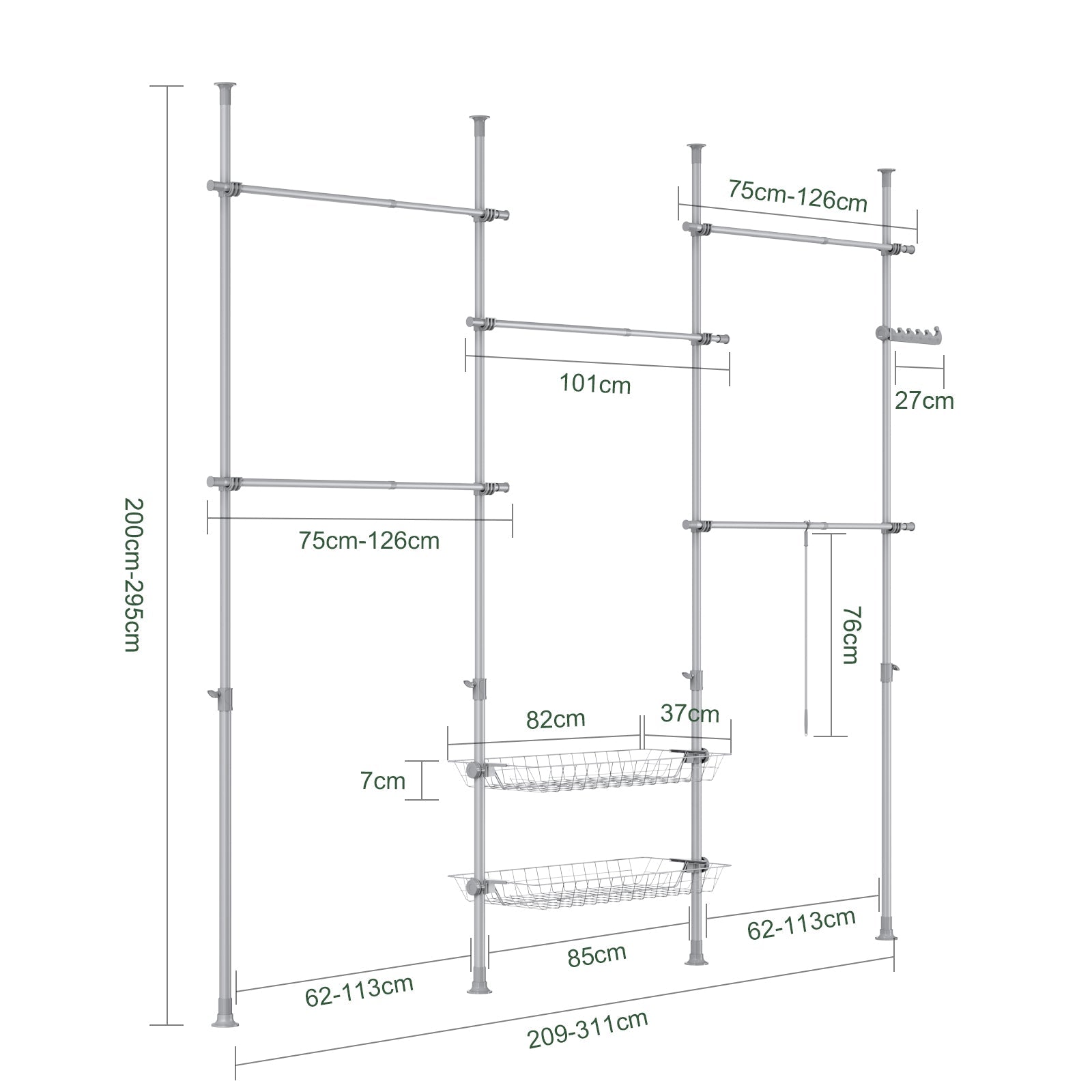 SoBuy | Asta Appendini Telescopica | Sistema Guardaroba | Sistema di Scaffali | Grigio Chiaro | KLS04-II-HG