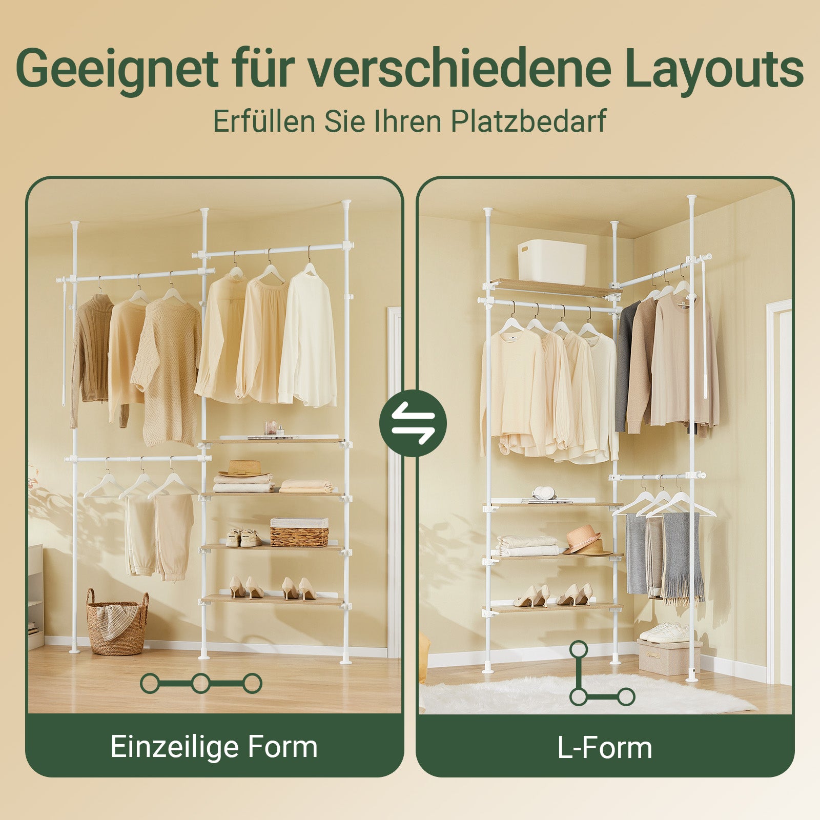 SoBuy | Teleskop Kleiderstange | mit Ablagen & Garderobenstangen | Weiß Natur | KLS17-WN