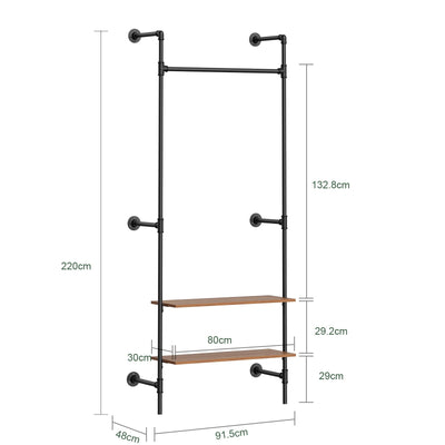 SoBuy Kleiderstange Wandmontage mit 2 MDF Regalböden 45kg Tragkraft  Schwarz KLS20-SCH