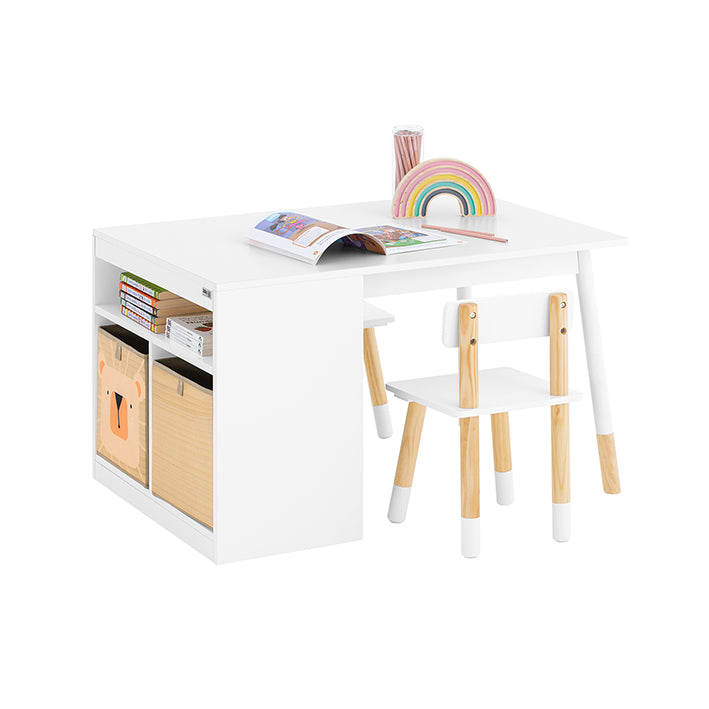 Vorverkauf | SoBuy | Kindertisch mit 2 Stühlen | Kindersitzgruppe mit Stauraum | Spieltisch | Tisch Stuhl Set | Weiß | KMB113-W