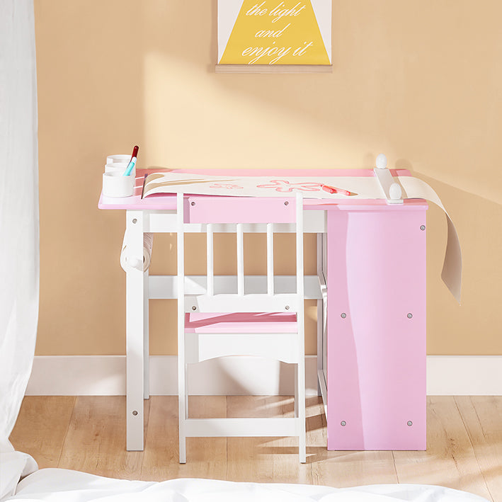 SoBuy | Tavolo e Sedia per Bambini | Set con Adesivi Tavolo da Disegno Fai da Te per Bambini | Rosa-Bianco | KMB116-P