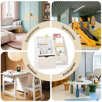 SoBuy | Bibliothèque Montessori pour enfants | Étagère avec pochettes en tissu | Blanche | KMB119-W