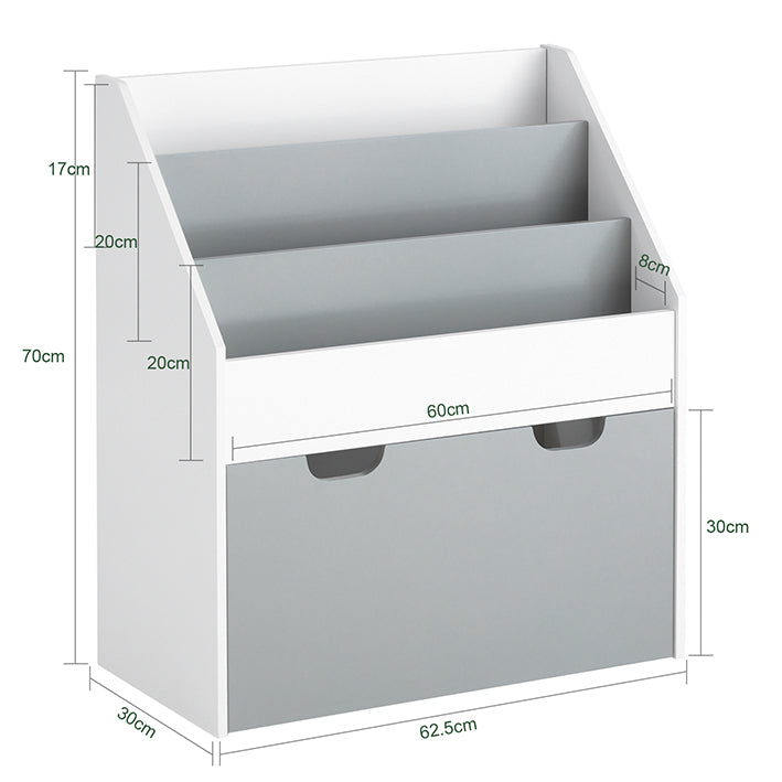 SoBuy | Libreria per bambini | Cofanetto giocattoli | Scaffale portaoggetti per la cameretta dei bambini | Bianco/Grigio | KMB17-HG