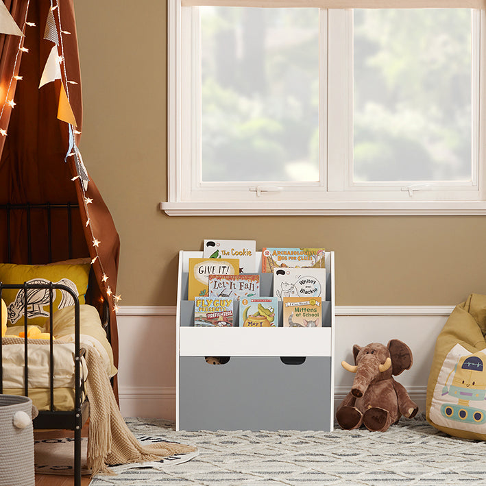 SoBuy | Libreria per bambini | Cofanetto giocattoli | Scaffale portaoggetti per la cameretta dei bambini | Bianco/Grigio | KMB17-HG