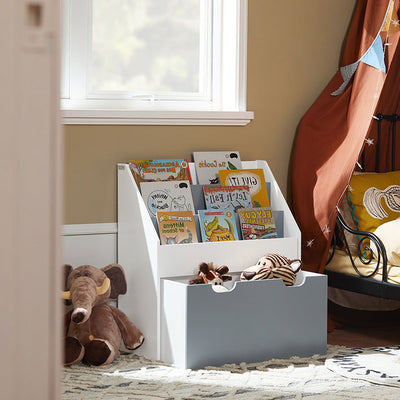 SoBuy | Kinderbücherregal | Spielzeugtruhe | Aufbewahrungsregal Kinderzimmer | Weiß/Grau| KMB17-HG