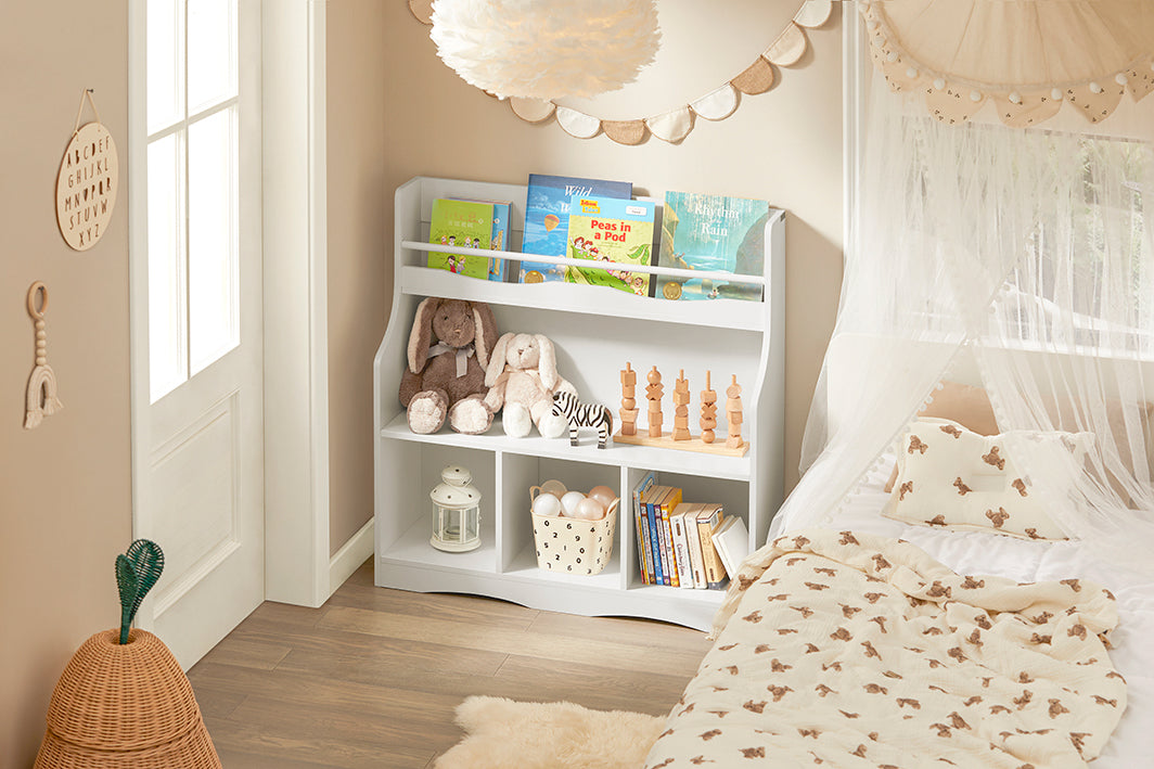 SoBuy | Scaffale per libri per bambini | Scaffale per giocattoli | Scaffale portaoggetti per bambini | KMB57-W