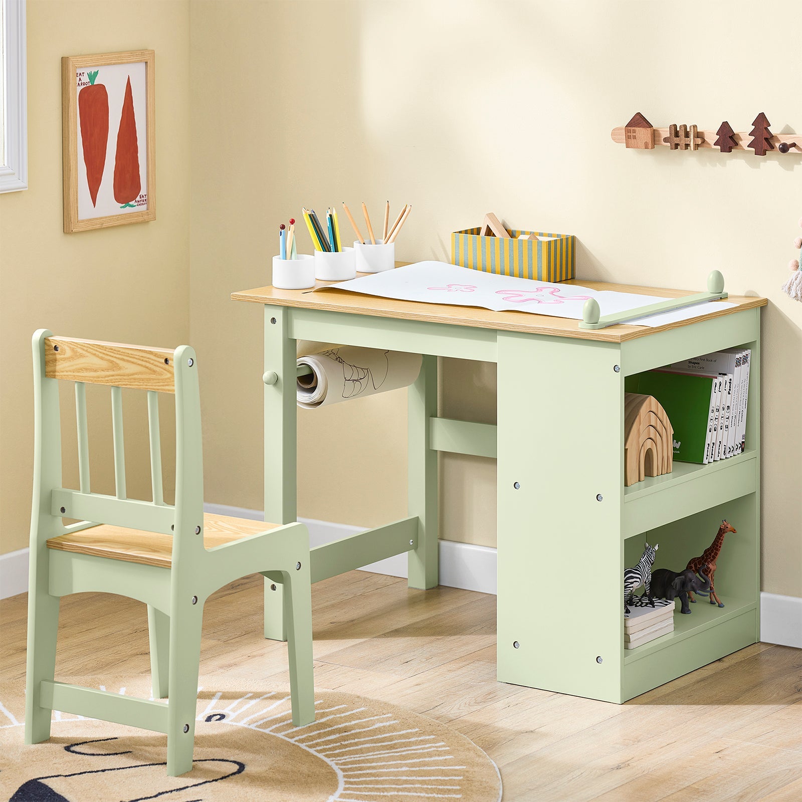 SoBuy | Table enfant avec 1 chaise | Ensemble table et chaise pour enfants | avec 1 porte-rouleau de papier | Table de dessin pour enfants | Vert | KMB60-GR