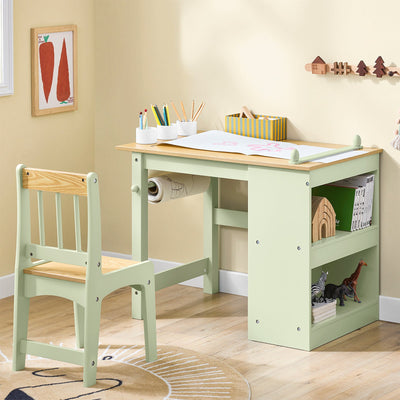 SoBuy | Table enfant avec 1 chaise | Ensemble table et chaise pour enfants | avec 1 porte-rouleau de papier | Table de dessin pour enfants | Vert | KMB60-GR