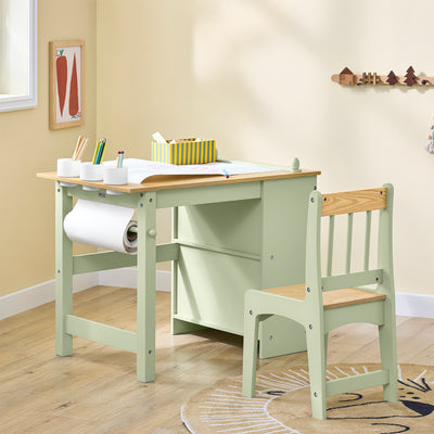 SoBuy | Table enfant avec 1 chaise | Ensemble de sièges enfant | Avec 1 porte-rouleau de papier | Table à dessin enfant | Vert | KMB60-GR